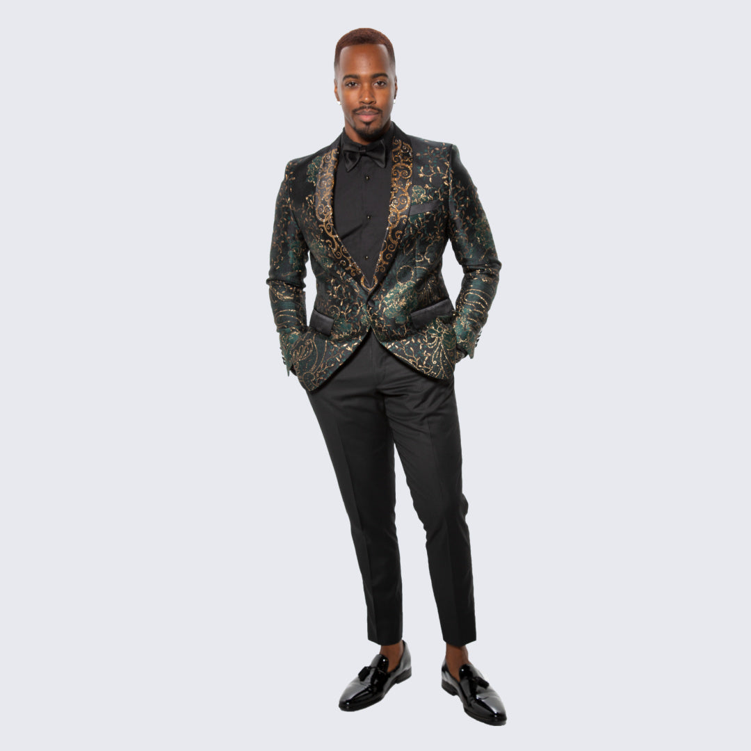 Dark Green & Gold Floral Tuxedo Jacket with Shawl Lapel – Wedding & Prom