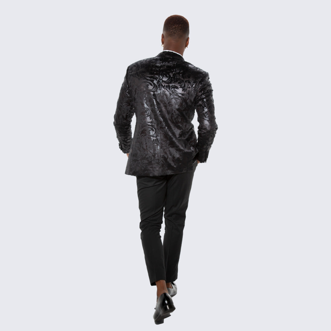 Black Paisley Tuxedo Jacket with Satin Notch Lapel – Hybrid Fit, Wedding & Prom