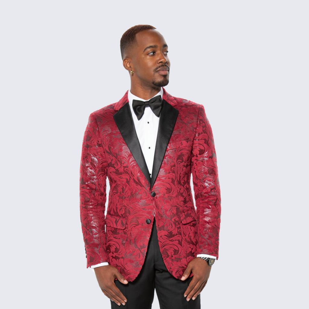 Red Floral Brocade Tuxedo Jacket – Notch Lapel, Wedding & Prom