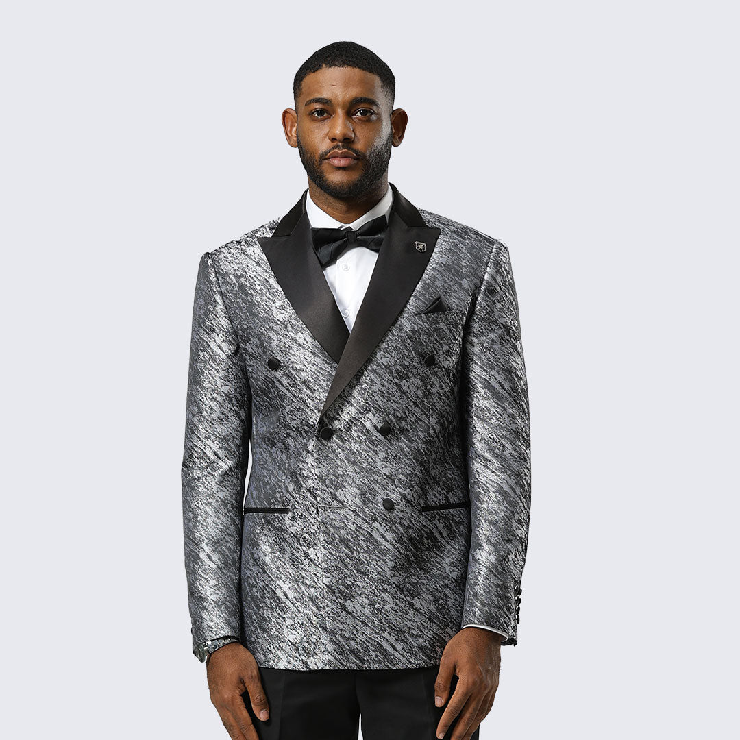 Grey Jacquard Double-Breasted Tuxedo Jacket with Black Satin Peak Lapel – Wedding & Prom