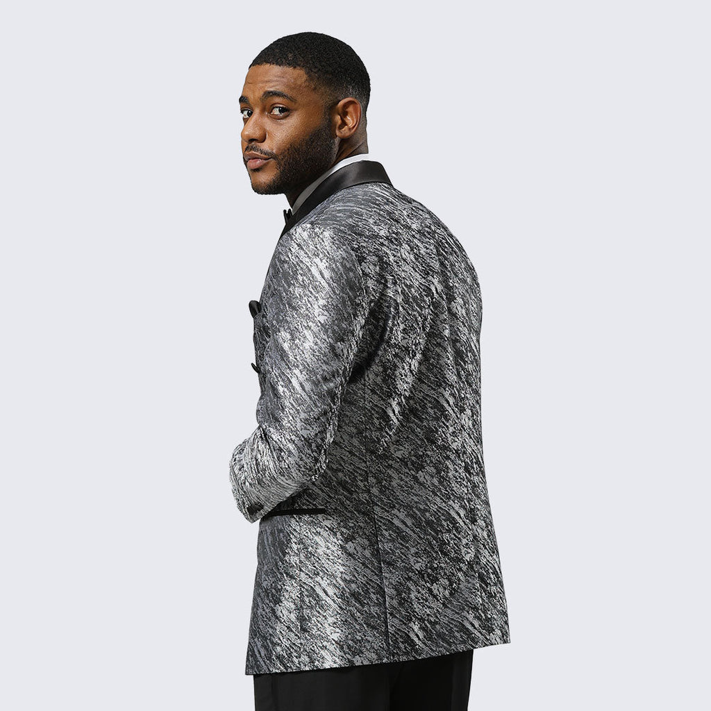 Grey Jacquard Double-Breasted Tuxedo Jacket with Black Satin Peak Lapel – Wedding & Prom