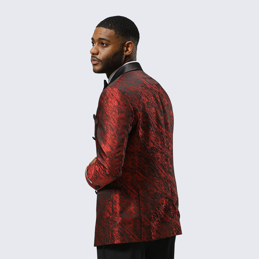 Red Jacquard Double-Breasted Tuxedo Jacket with Black Satin Peak Lapel – Wedding & Prom