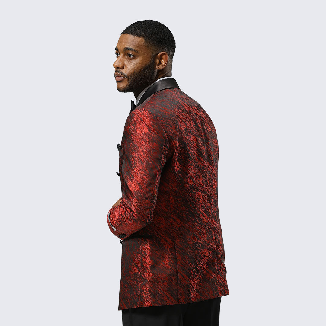 Red Jacquard Double-Breasted Tuxedo Jacket with Black Satin Peak Lapel – Wedding & Prom