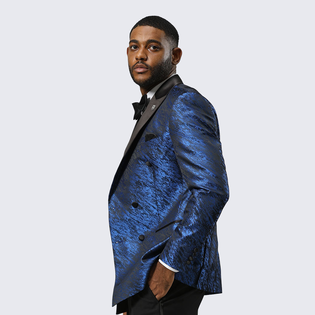 Royal Blue Jacquard Double-Breasted Tuxedo Jacket with Black Satin Peak Lapel – Wedding & Prom
