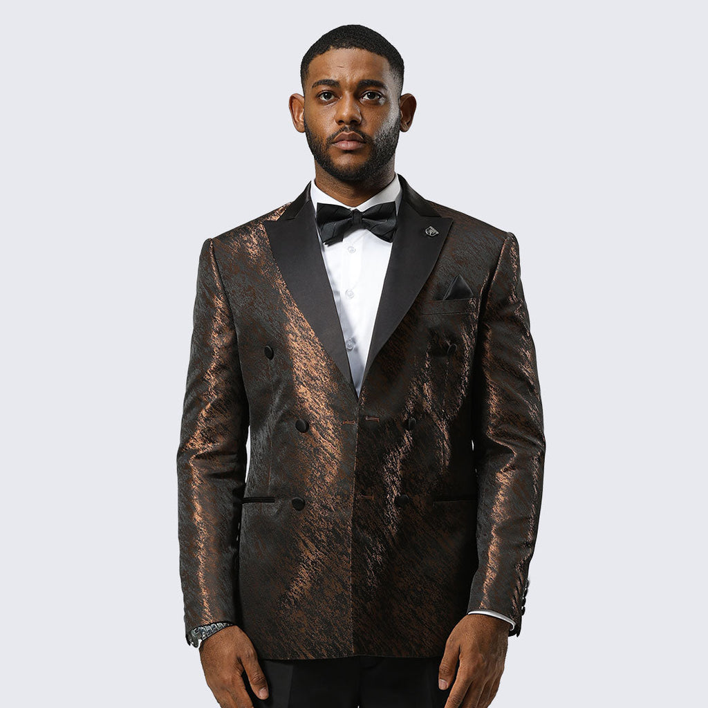 Brown Jacquard Double-Breasted Tuxedo Jacket with Black Satin Peak Lapel – Wedding & Prom