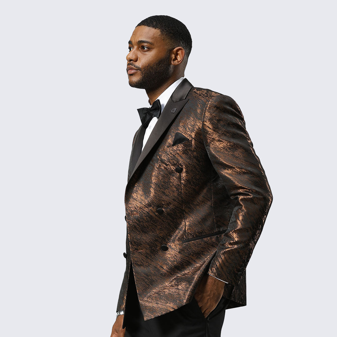 Brown Jacquard Double-Breasted Tuxedo Jacket with Black Satin Peak Lapel – Wedding & Prom