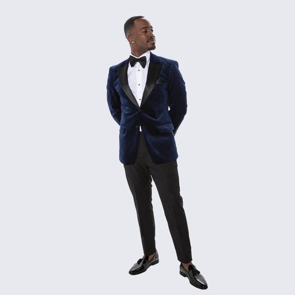 [DISCOUNTED] Navy Velvet Tuxedo Jacket with Large Peak Lapel - Limited Sizes