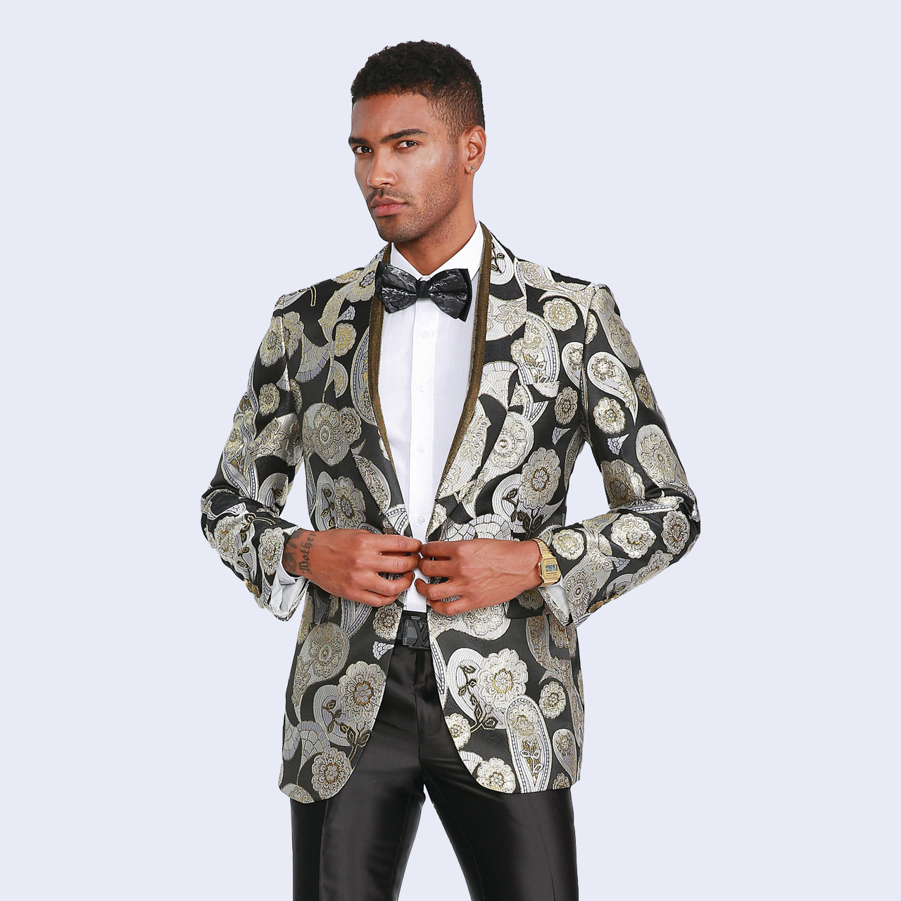Gold and Black Tuxedo Jacket with Large Paisley Pattern- Wedding - Prom