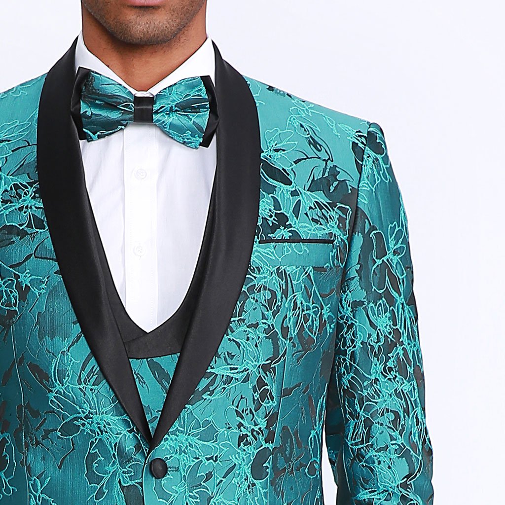 [DISCOUNTED] Turquoise Tuxedo with Floral Pattern Four Piece Set - Limited Sizes
