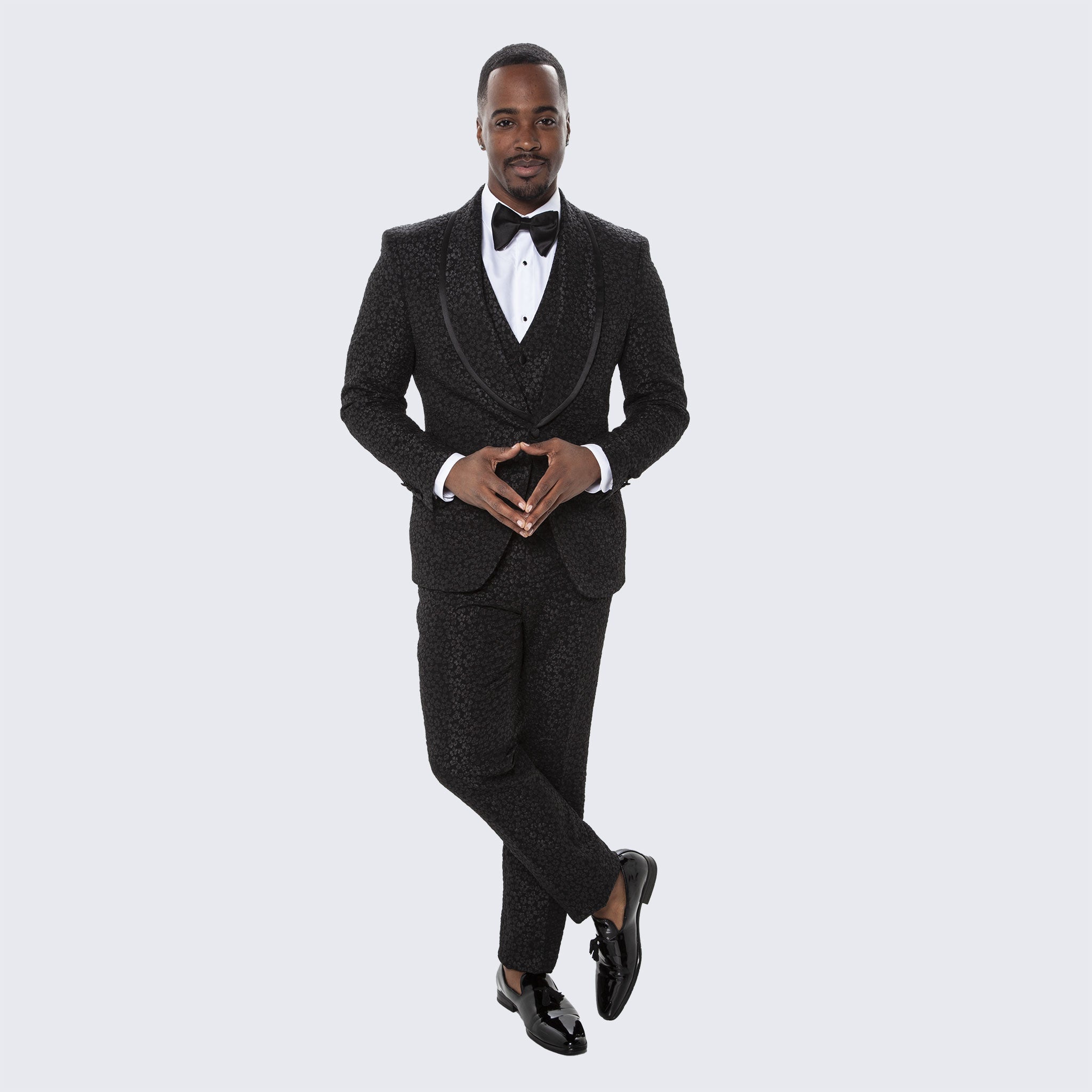Men's Black Tuxedo with Floral Design Three Piece Set- Wedding - Prom