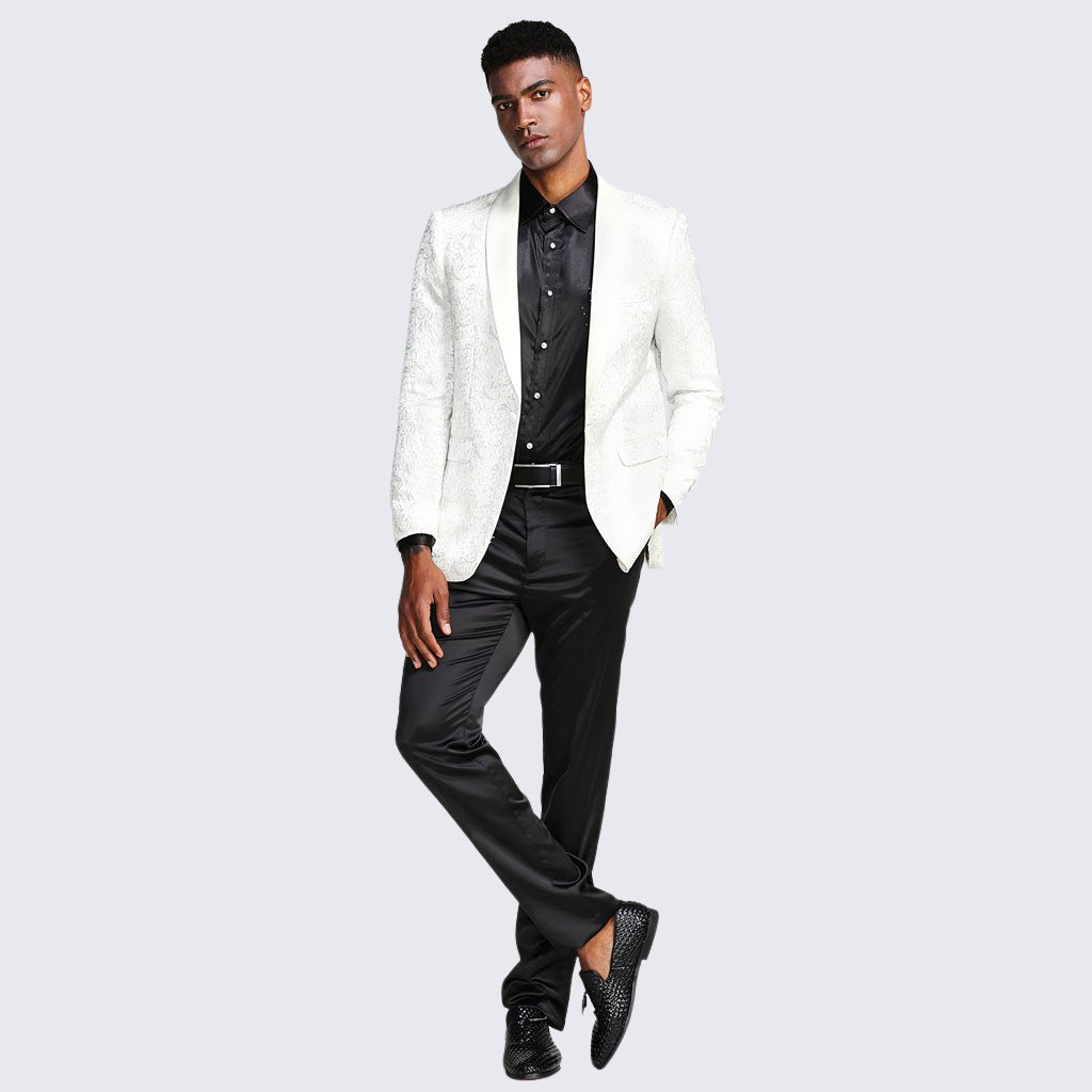 [DISCOUNTED] White Tuxedo Jacket Paisley Pattern Slim Fit - Limited Sizes