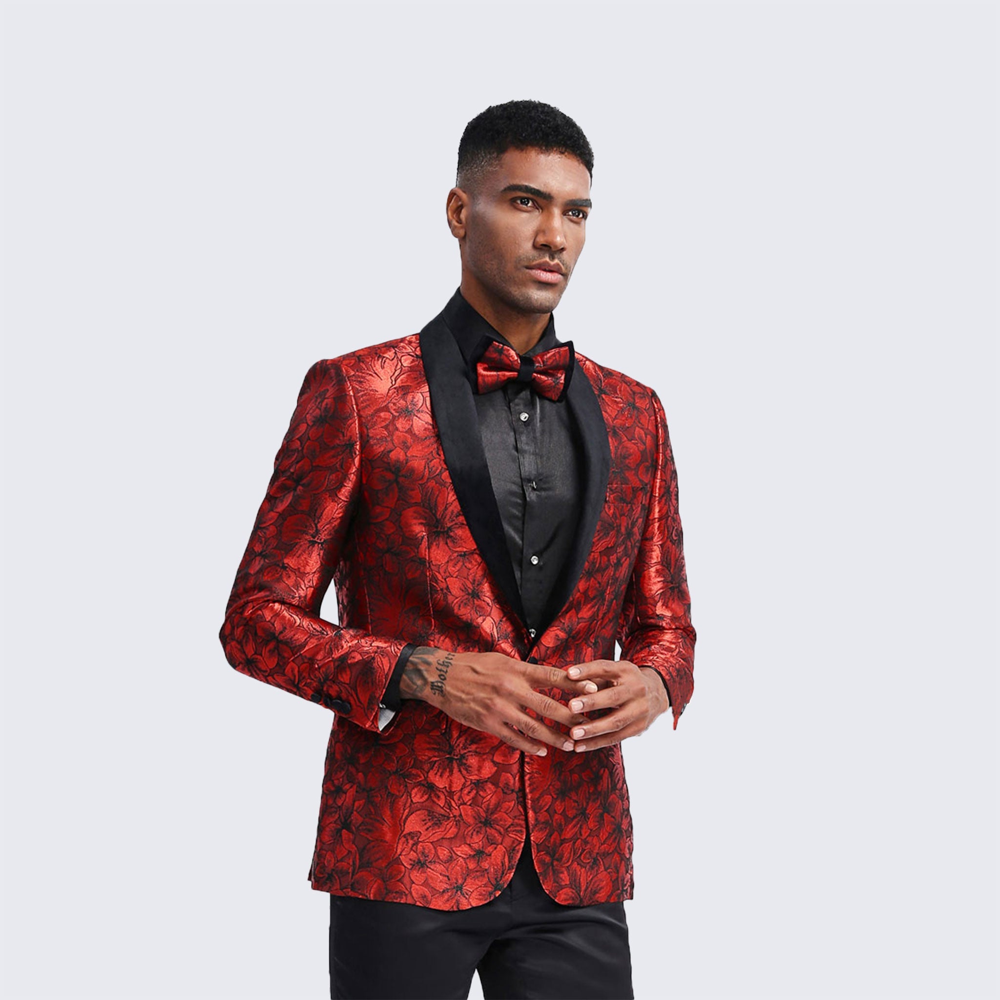 Red Floral Tuxedo Jacket with Shawl Lapel – Wedding & Prom