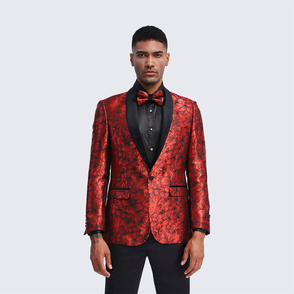 Red Floral Tuxedo Jacket with Shawl Lapel – Wedding & Prom