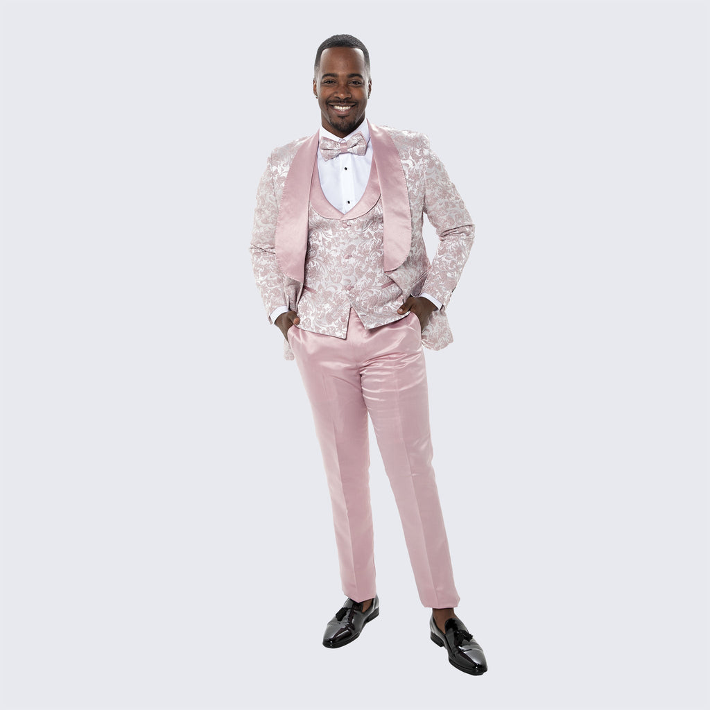Men's Blush Pink Tuxedo with Floral Design Four Piece Set- Wedding - Prom