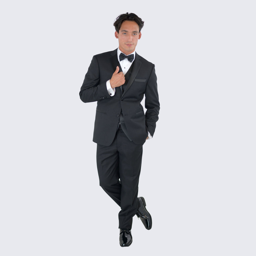 Slim Fit Tuxedo Package - Black Tuxedo Notch Lapel Set with Shirt, Vest, and Cufflink Set
