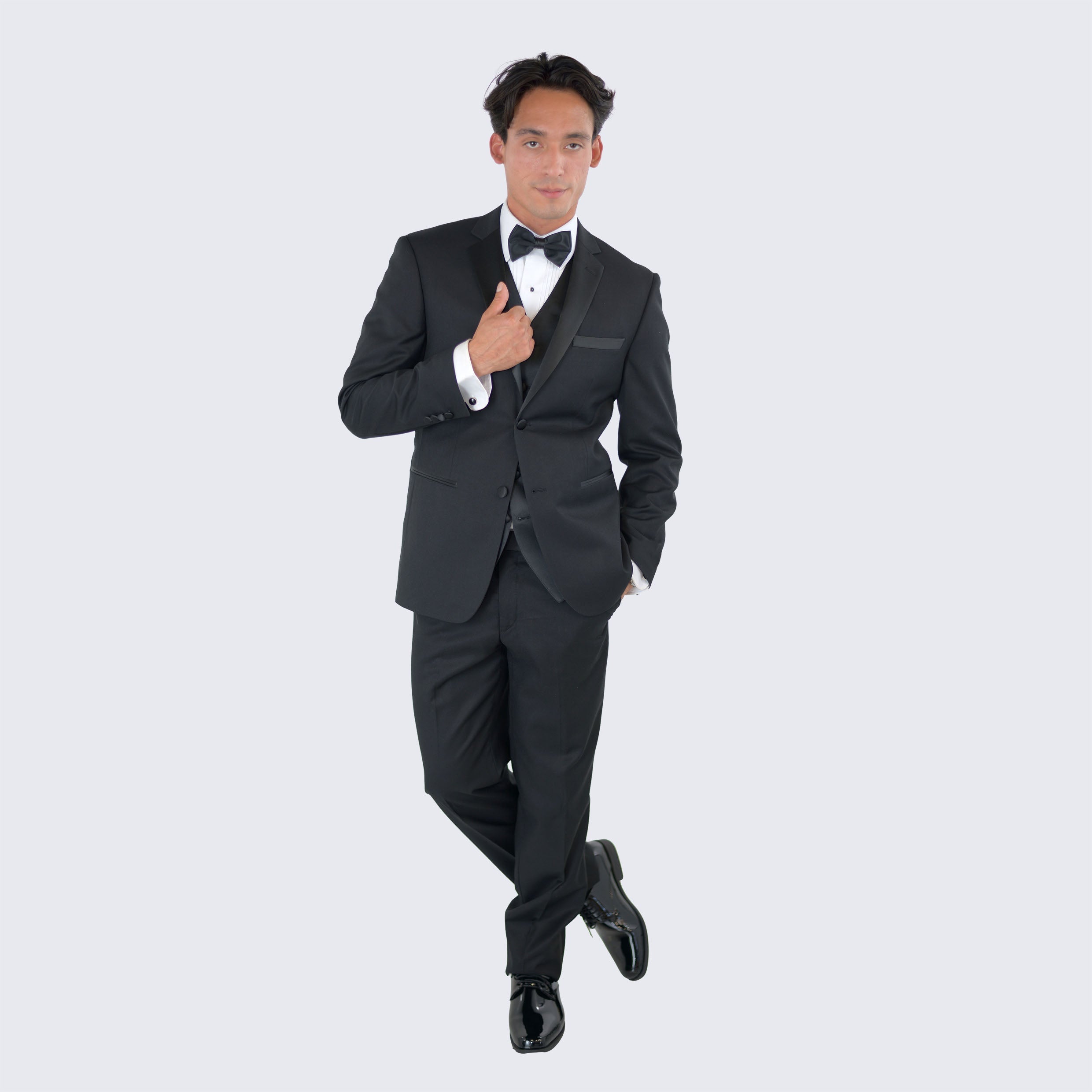 Slim Fit Tuxedo Package - Black Tuxedo Notch Lapel Set with Shirt, Vest, and Cufflink Set