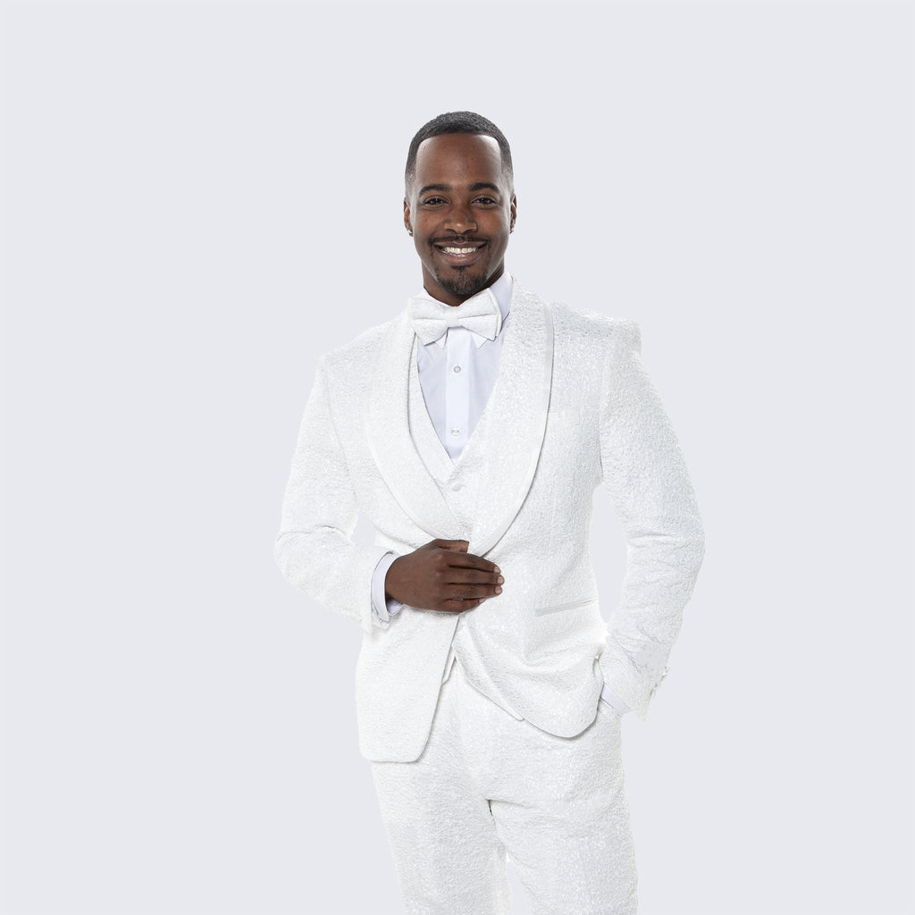 Men's White Tuxedo with Floral Design Three Piece Set- Wedding - Prom