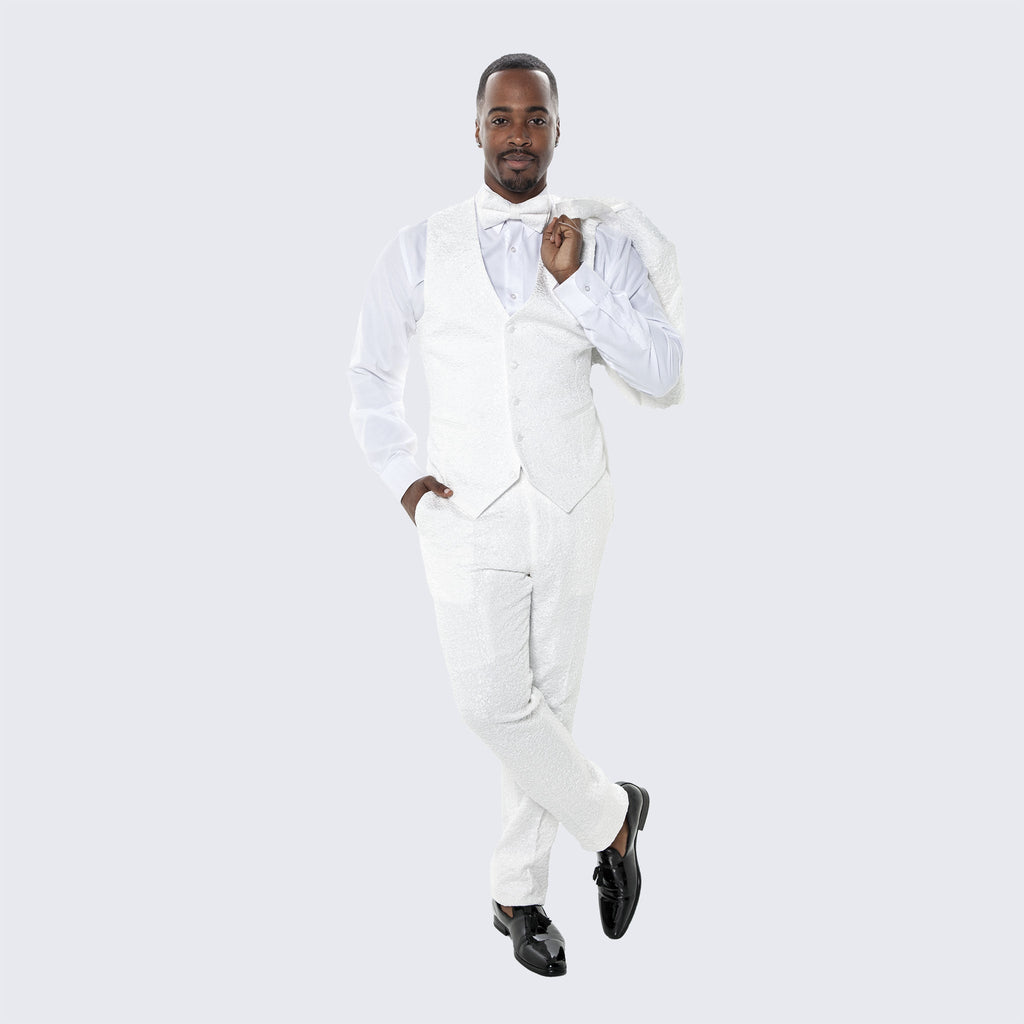 [DISCOUNTED] Men's White Tuxedo with Floral Design Three Piece Set - Limited Sizes